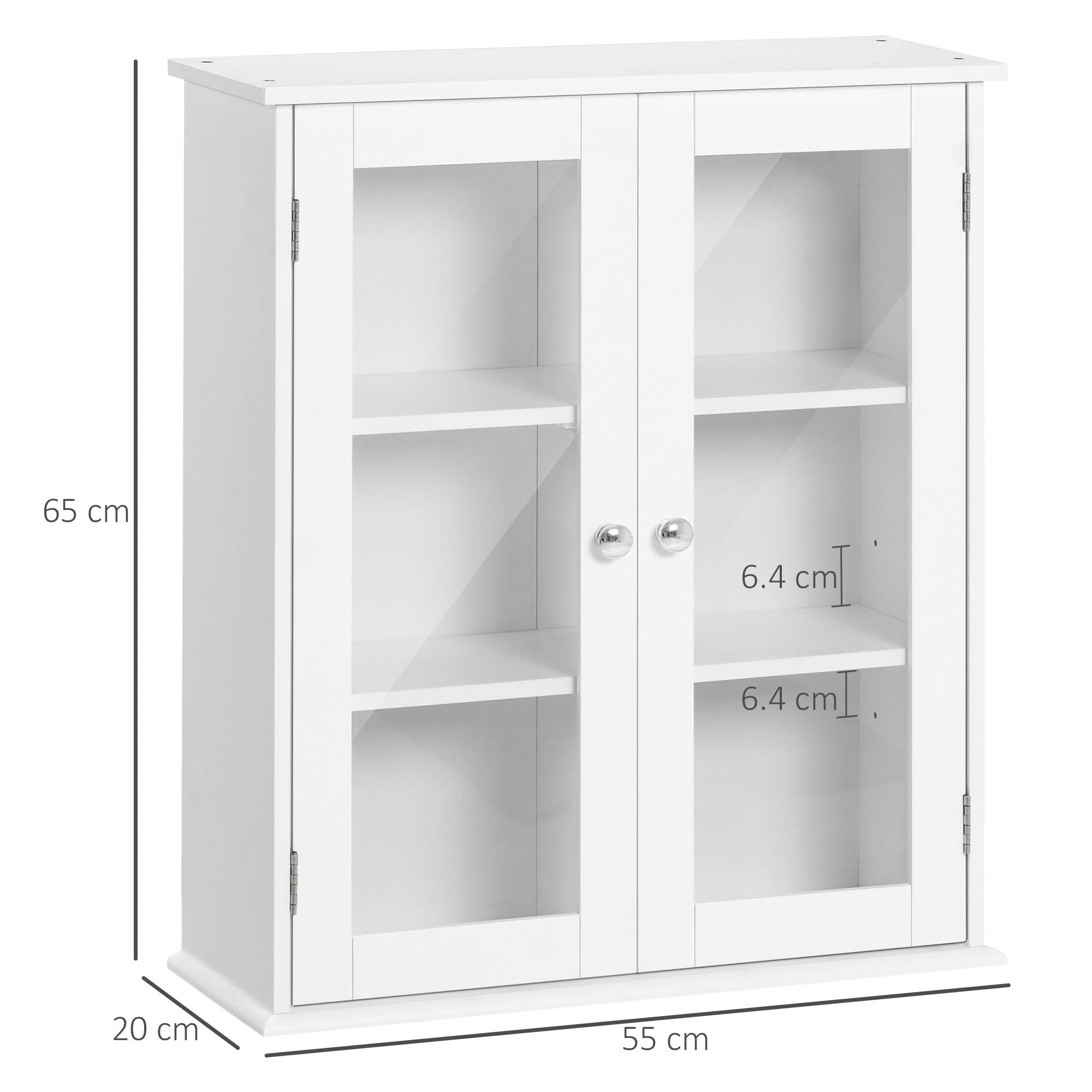 kleankin Armadietto Pensile Bagno 2 Ante Legno e Vetro 55x20x65 cm Bianco