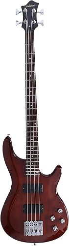 Bajo eléctrico de 4 cuerdas, tamaño completo estándar diestro para principiantes, intermedios y profesionales, color marrón con perilla plateada
