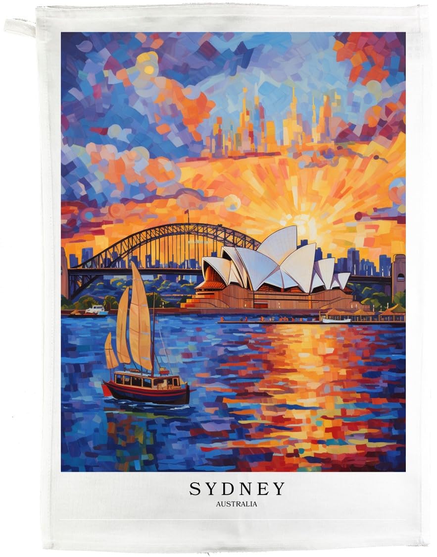 Half A Donkey White Sydney Australia Cotton Tea Towel, 47 X 65 Cm, Vintage Travel Poster Style, Rectangular