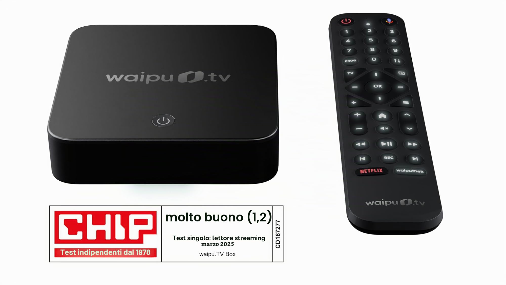 waipu.tv Box | Telecomando con illuminazione | Televisione via Wi-Fi | LAN | HDMI | 4K | HDR10+ | Dolby Vision | Dolby Atmos | Voucher per 3 mesi 300 canali TV e 40.000 film e serie