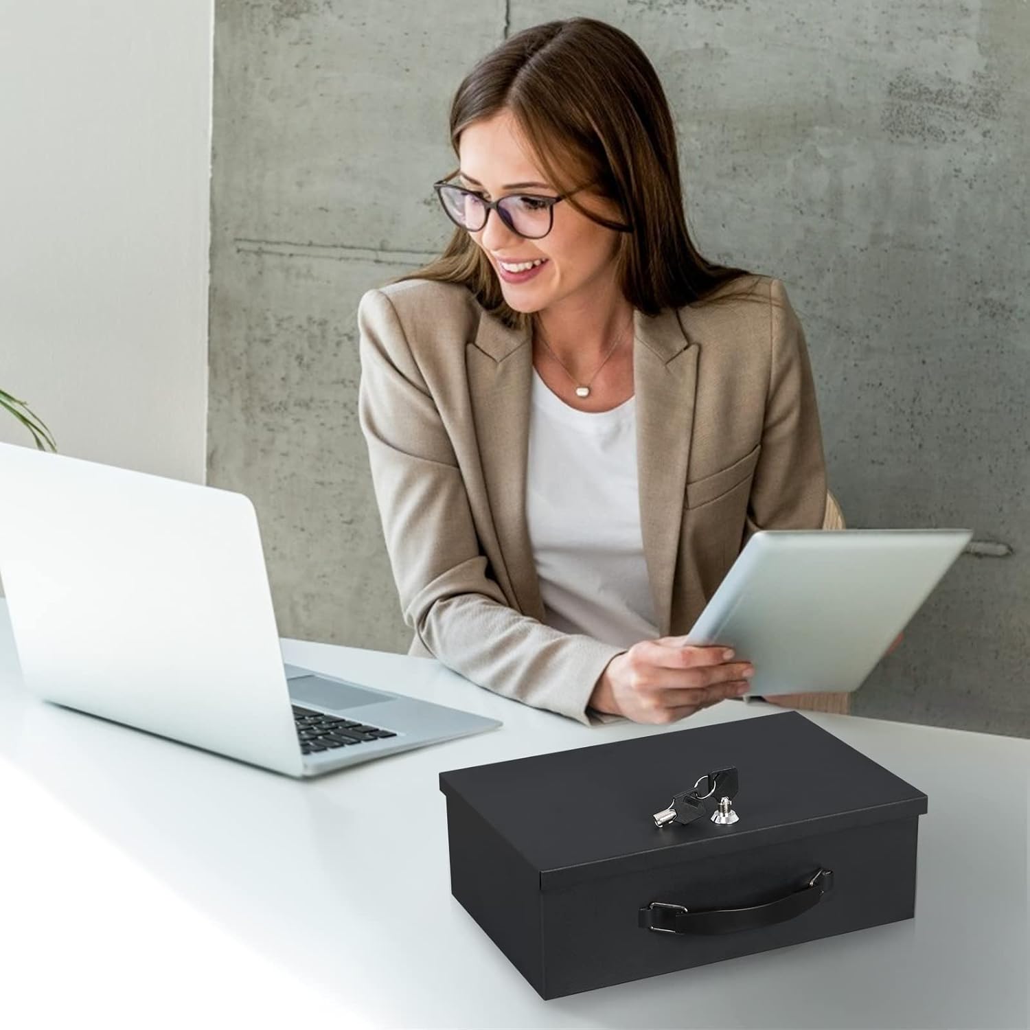 KYODOLED Fireproof Document Box with Key Lock, Safe Storage for Valuables, Fire Resistant Security Chest, Protects Documents, Passport, Cash, Tablet 12.8'' x 8.4'' x 4.5'' Black