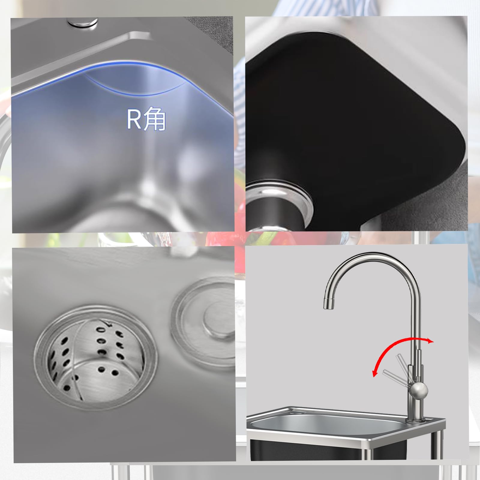 Gastro - Lavabo indipendente in acciaio inox, 33 x 38 x 82 cm, con rubinetto, dispositivo di scarico, per piantare fioriere e vasi, pulizia attrezzi da giardino