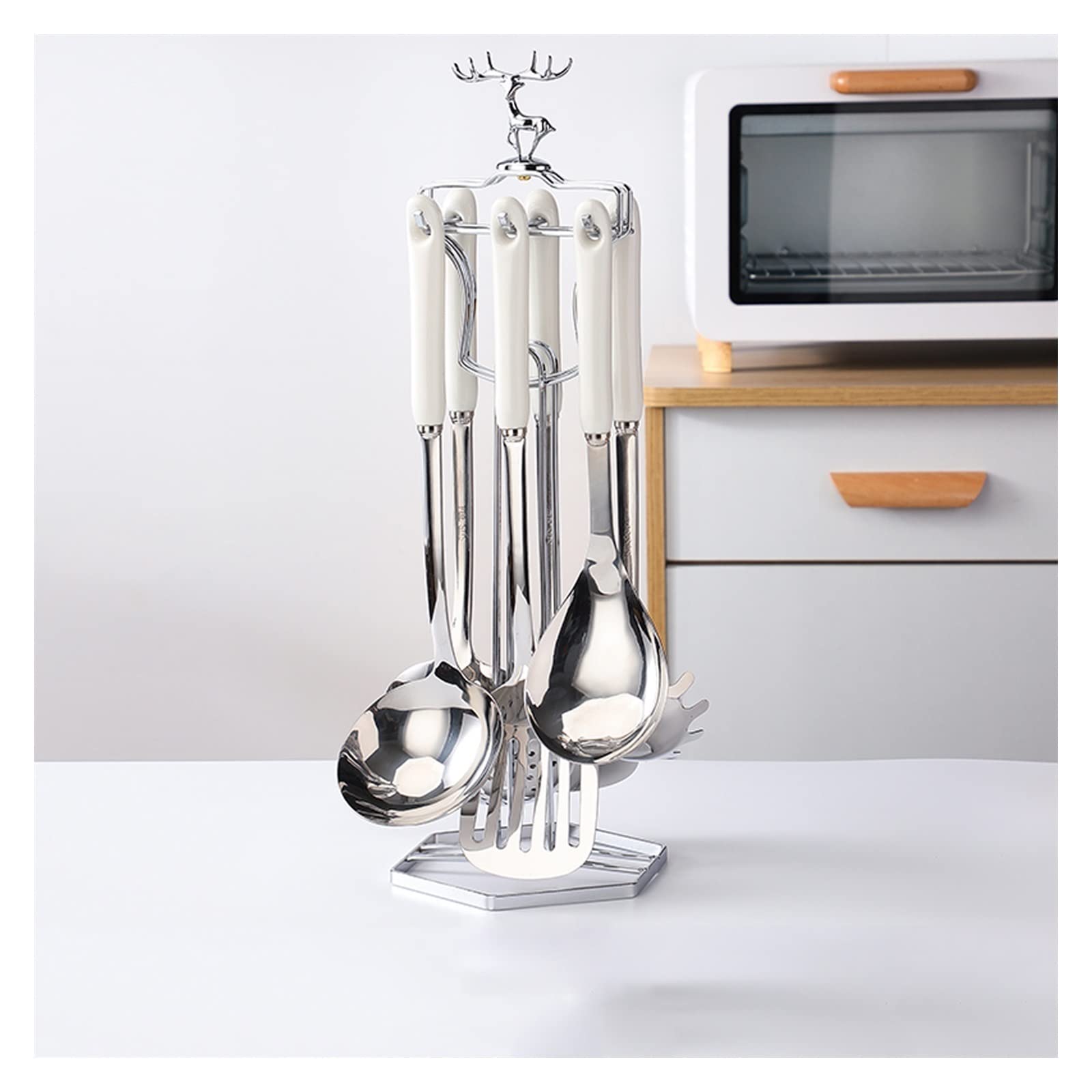 NGDFGR Stainless Steel Cooking Utensils Set With Ceramic Handle,7 Pcs Kitchen Utensils Set With Storage Stand-Kitchen Utensil Set,Kitchen Tools Set,B
