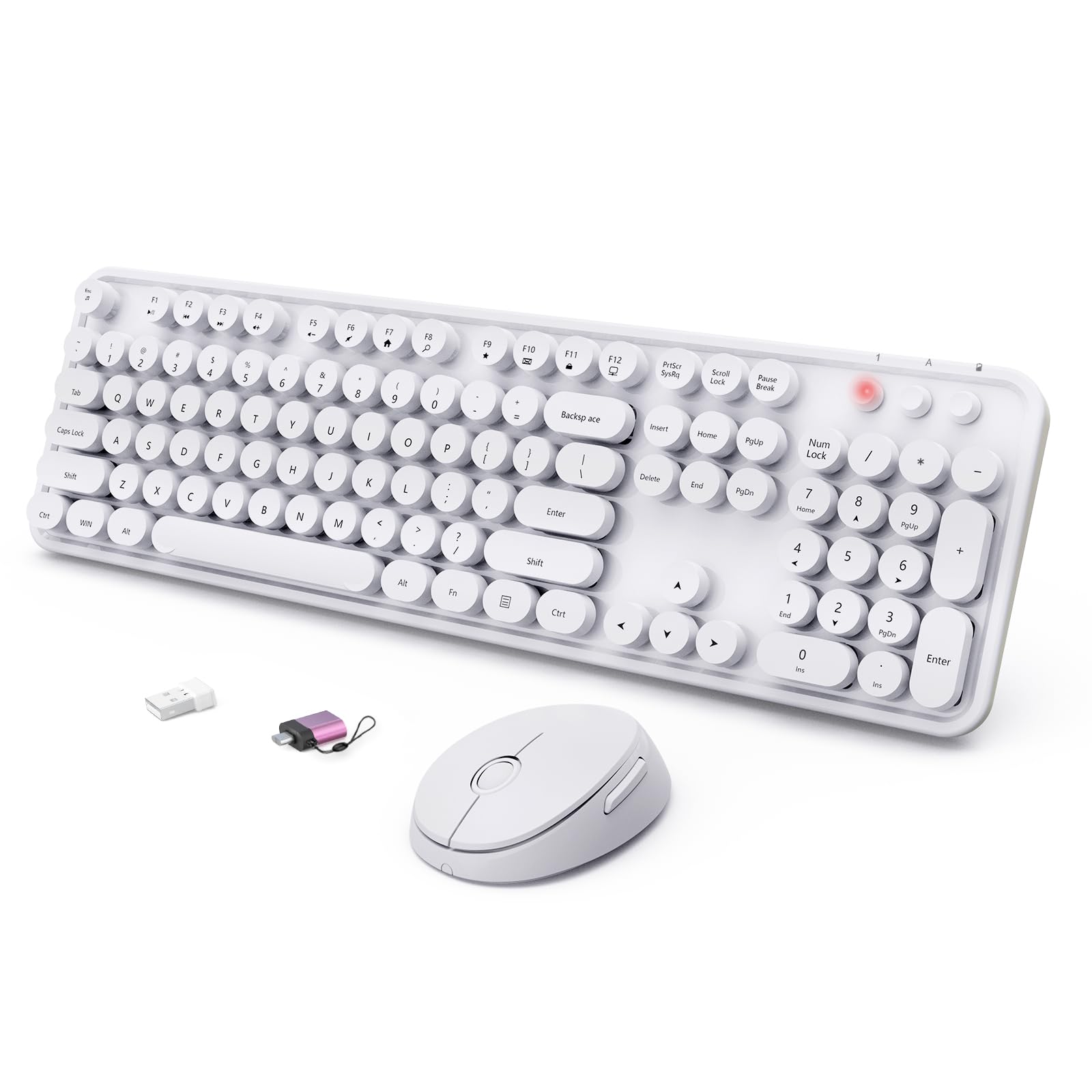 Wireless Keyboard and Mouse Combo, Ergonomic Full Size Typewriter Retro Round Keycaps Keyboard, Compatible with Windows, PC, Perfer for Home and Office Keyboards（White）