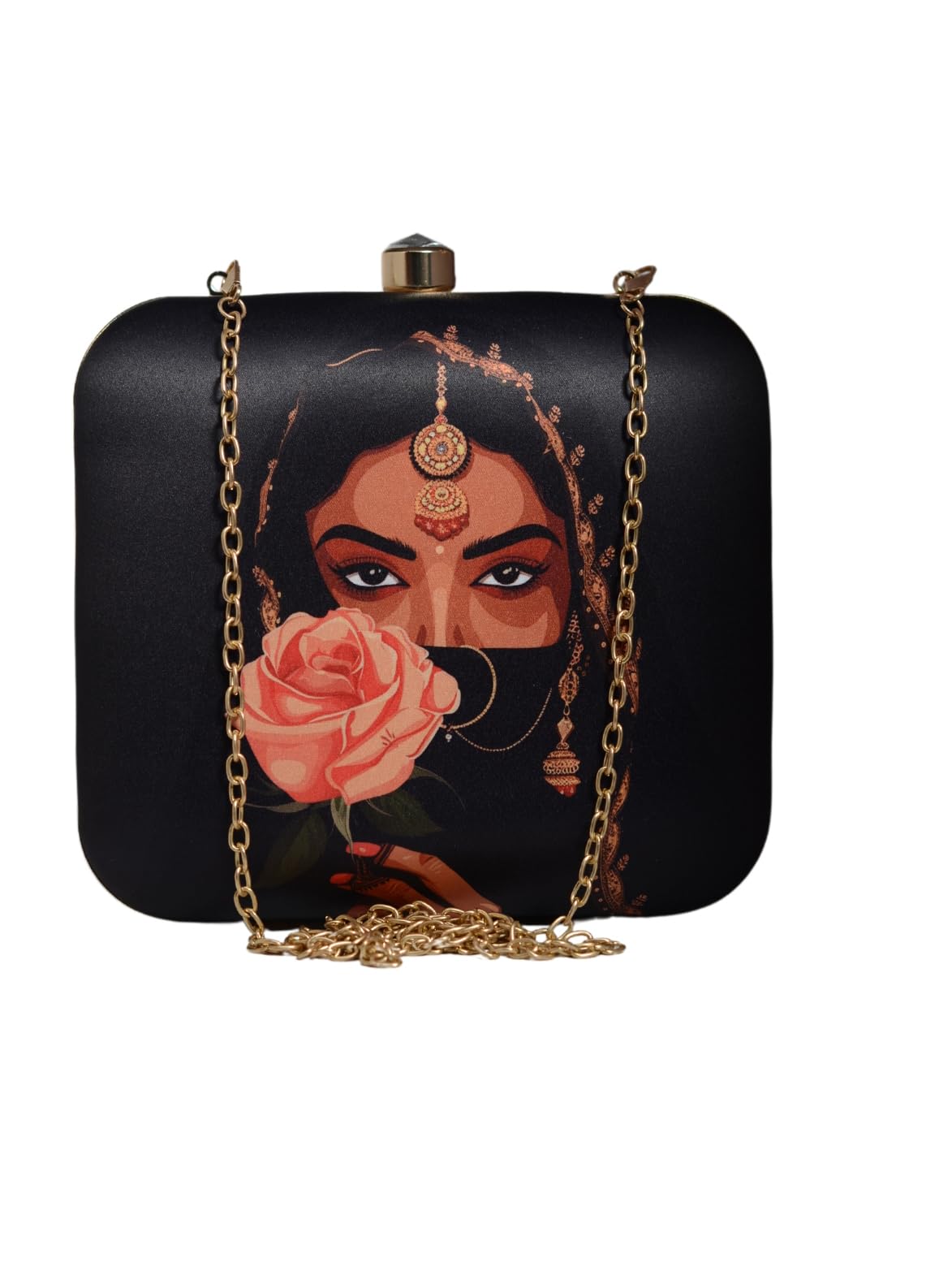 artklim Printed Stylish Clutch for Women - Hardcase Square Box Sling Bag with Quirky Design - Detachable Golden Chain Strap-picture-27