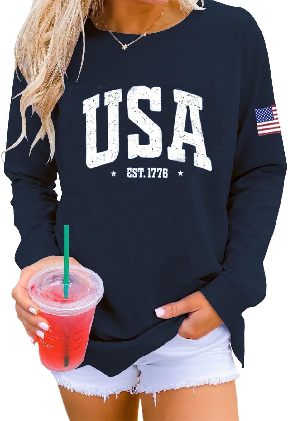 Dressmine Womens USA Shirt Casual Long Sleeve Graphic Tees Knit Crew Neck Sweatshirts Loose Pullover