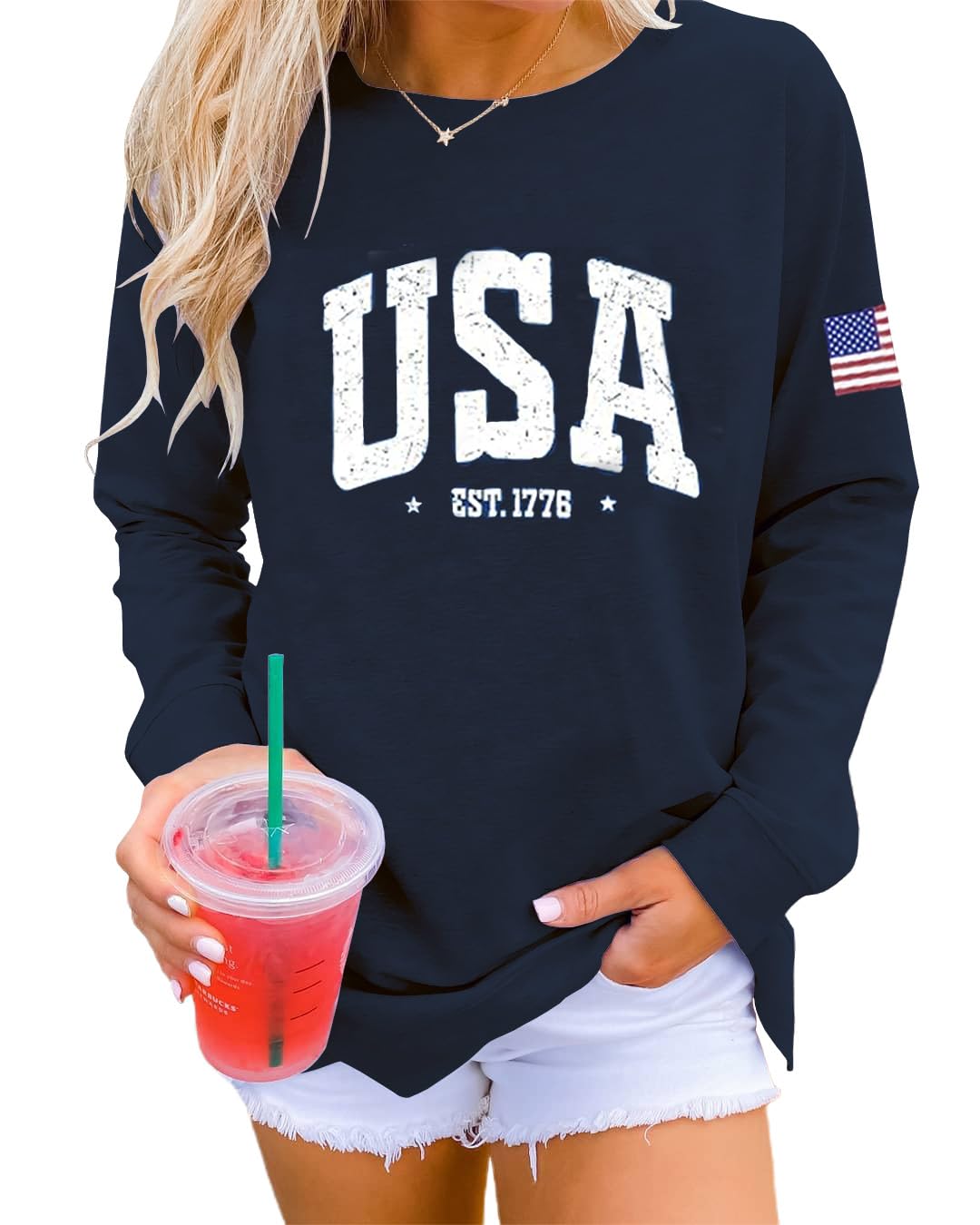 Womens USA Shirt Casual Long Sleeve Graphic Tees Knit Crew Neck Sweatshirts Loose Pullover