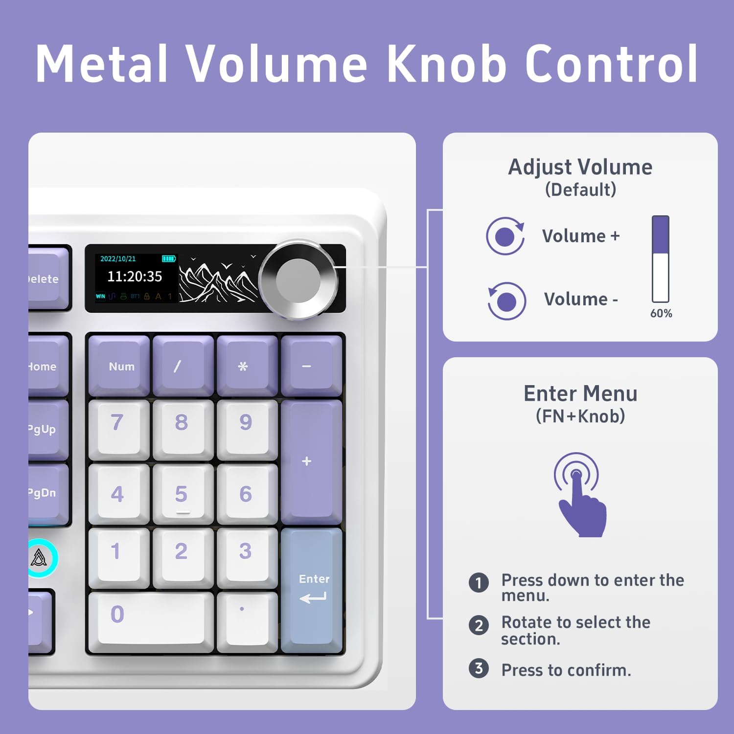 Close-up of the AJAZZ AK980 keyboard's metal volume knob and display, showing instructions for adjusting volume and entering the menu.