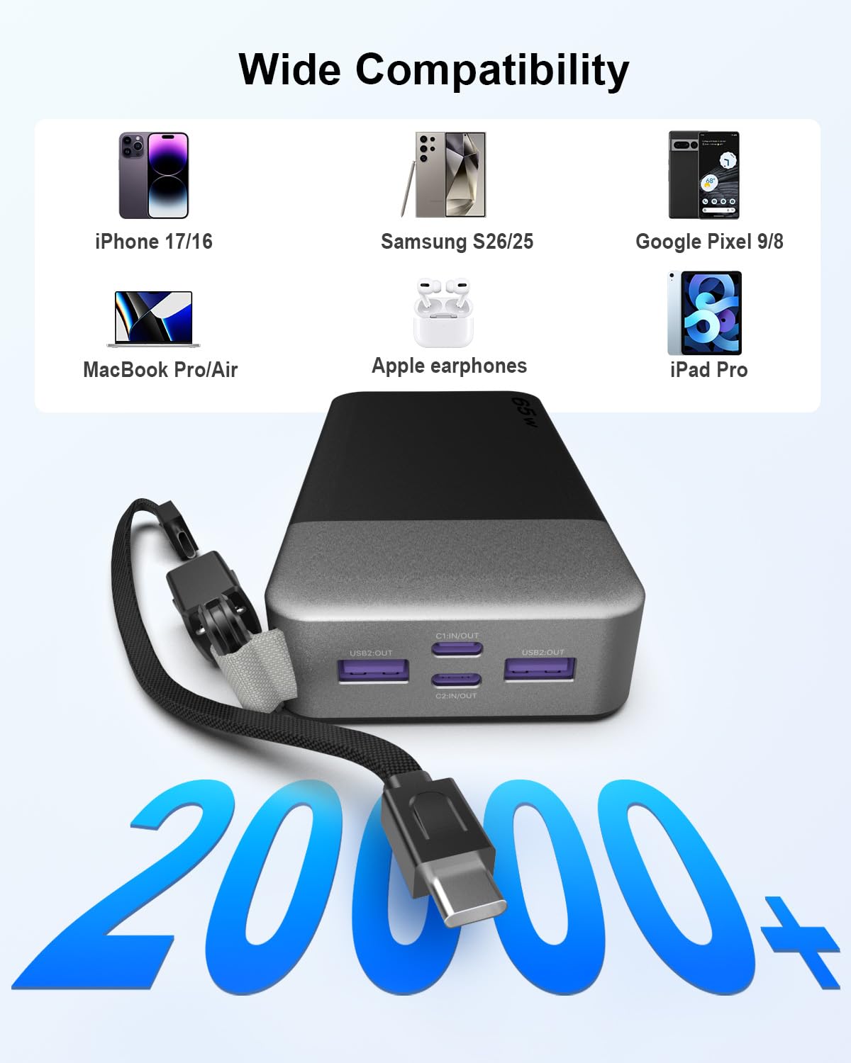 NOBIS Batterie Externe 65W 20 000 mAh Charge Rapide Câble USB-C Intégré
