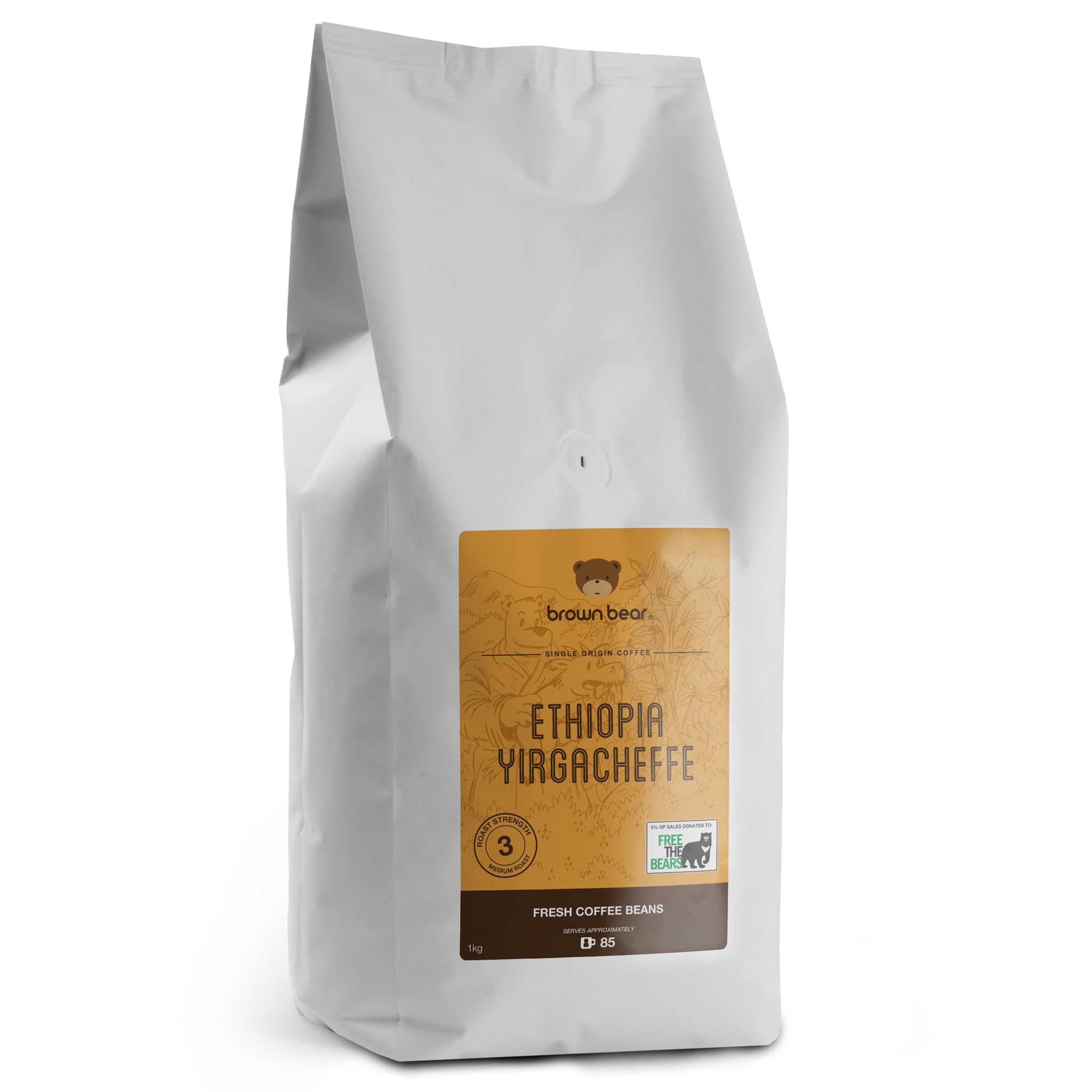 Ethiopia Yirgacheffe Coffee Beans 1kg - Medium Roast - Strength 3 - Suitable For All Machines - Brown Bear Ethiopian Coffee - Donation to Free The Bears - 100% Arabica