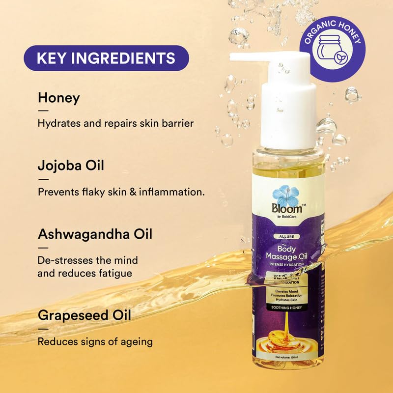 Image of Bloom by Bold Care Sensual Massage Oil | For Couples Massage | Reduces Fatigue and Stress | Hydrates Skin | Builds Connections | Natural Massage Oil with Pure Honey | For Sensitive Skin | (120 ml)