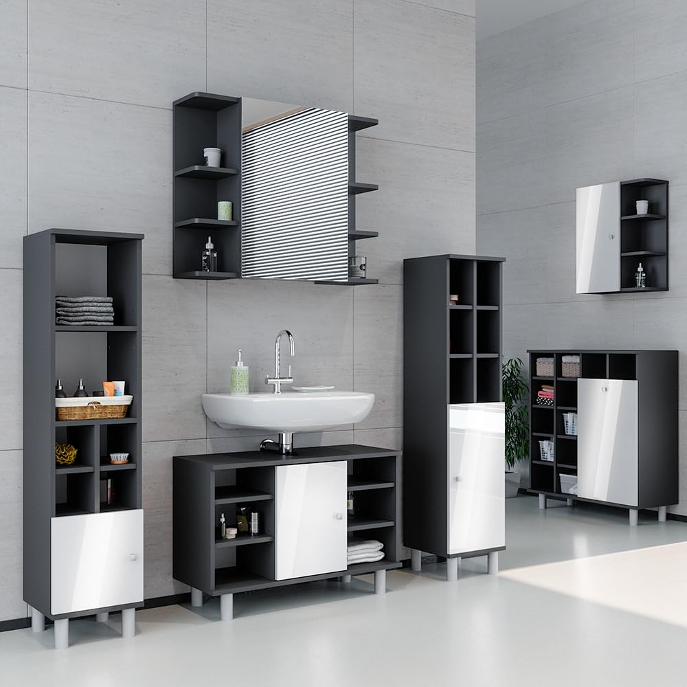 Vicco Badmöbel-Set Fynn, Anthrazit, 60 cm, besteht aus Waschbeckenunterschrank, Spiegelschrank und Hochschrank