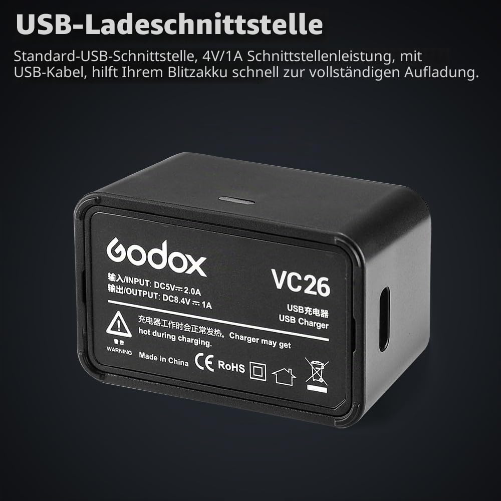 Godox VB26 VB26B Akku 7,2 V 2980 MAh für Godox V1 C/N/S/F/O/P Rundblitz und Godox V860iii S/N/C/F/O/P Blitz V850III AD100Pro Blitzgerät