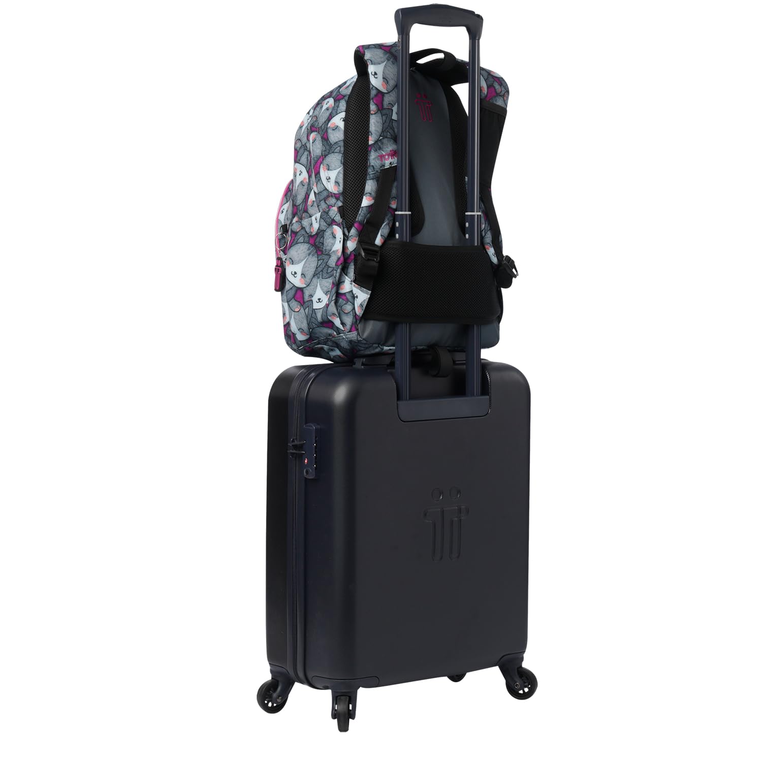 TOTTO - Mochila Escolar Adaptable a Carro, Modelo Acuareles, Capacidad 20 L, Bolsillo para Pc 14", 2 Bolsillo Botella, Espaldar Ergonómico con Flujo de Aire, Correas en S, Estampado Kitten Rose