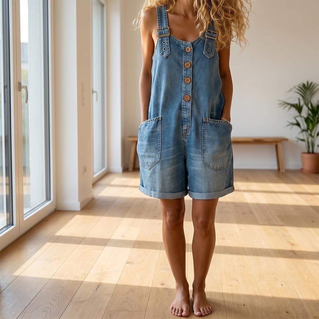 Jeans Latzhose Damen Kurz, 2026 Neu Jeans Jumpsuit Damen, Latzhose Damens Jeanss Kurz, mit Tasche Knöpfe & Verstellbare Träger, Formt Eine Schmeichelhafte Silhouette