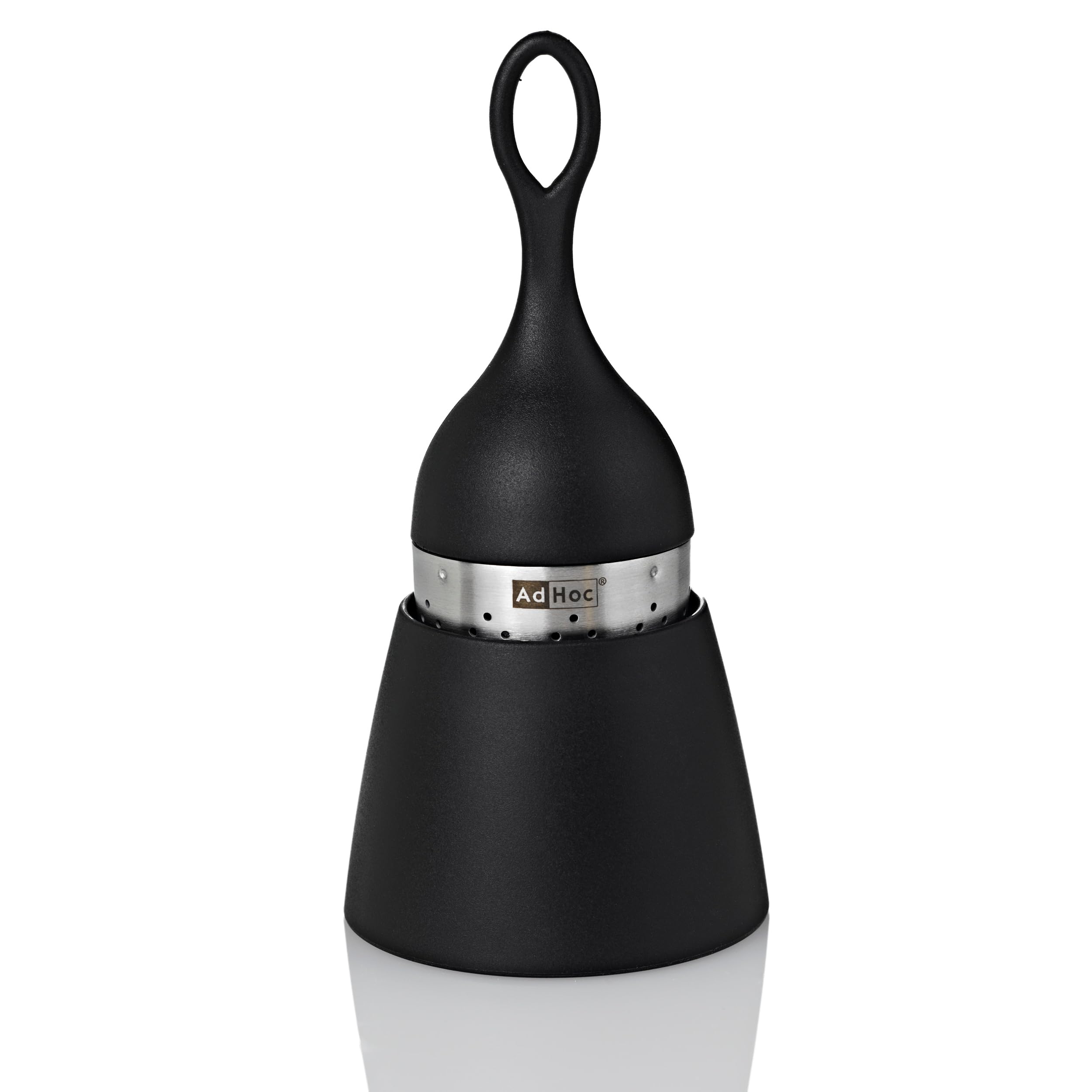 AdHoc Floatea Floating Tea Infuser Black, Loose Leaf Tea Filter, Tea Strainer with Drip-Collector Stand, Easy Refill, Stainless Steel/Plastic, (H) 130 mm x (D) 40 mm, Dishwasher Safe