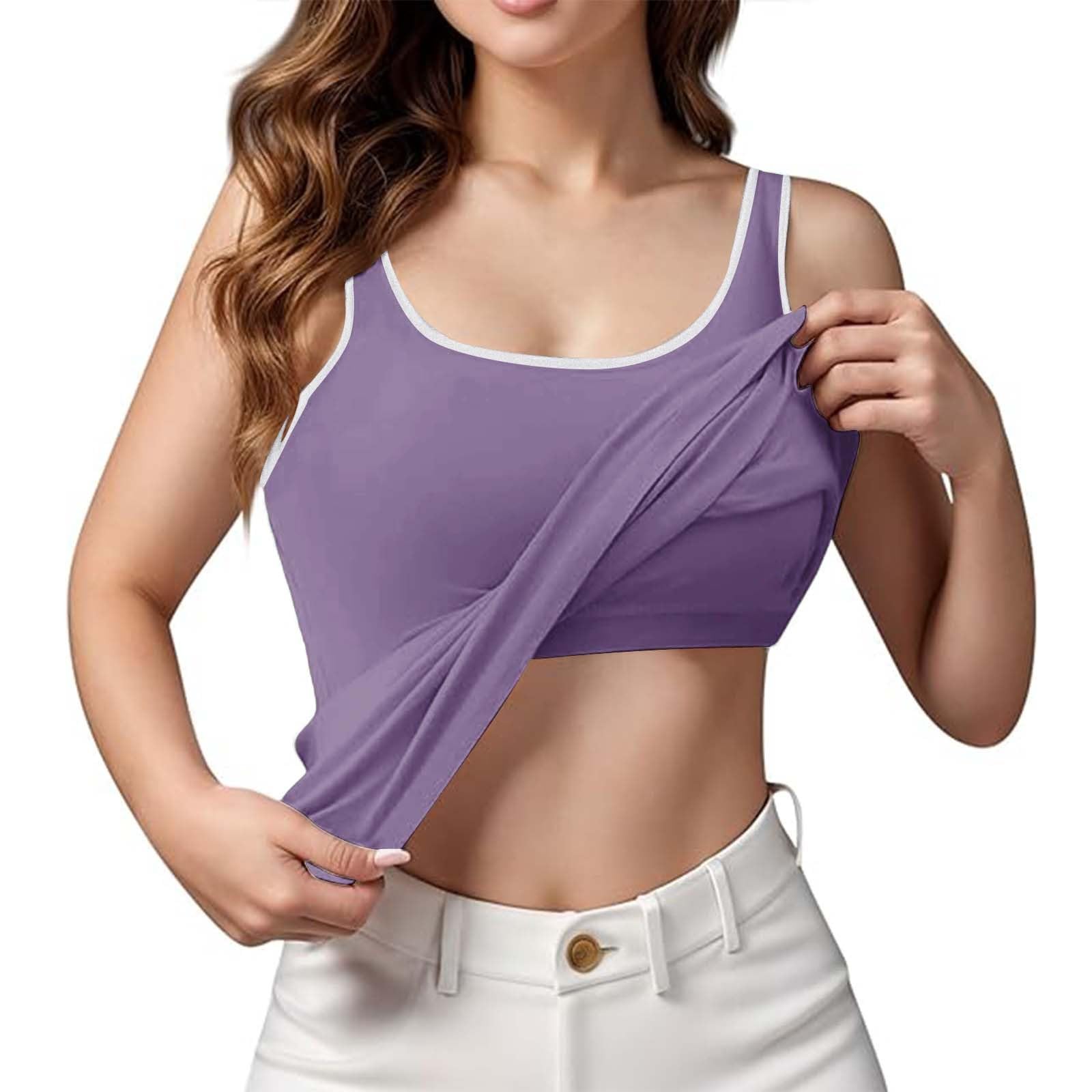 Built in Bra Tank Tops for Women Sleeveless Casual Tops Scoop Neck Spaghetti Strap Camisole Plus Size Sports Bras A-Purple