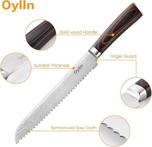 Miniatura 4 de Oylln - Cuchillo de pan dentado alemán de acero inoxidable de alto carbono de grado profesional cuchillo de rebanar pan afilado de 8 pulgadas con