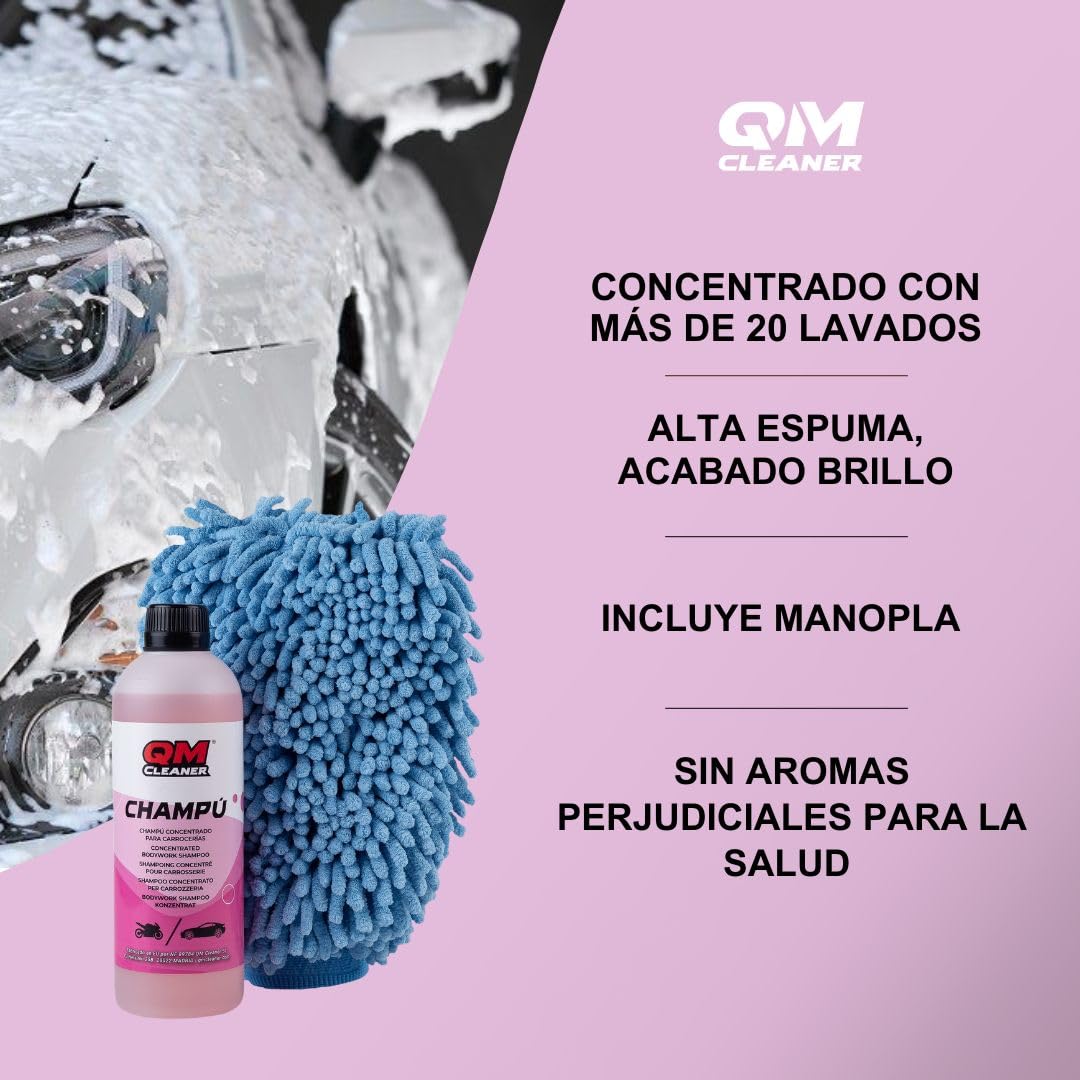 QM Cleaner Champú Espumante para Carrocería | Concentrado, para más de 20 lavados, con Acabado Brillante - Incluye 500 ml + Manopla Extra