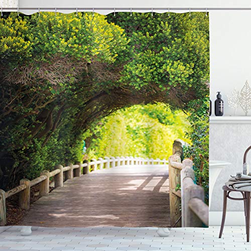 ABAKUHAUS Forest Shower Curtain, Nature Boardwalk Through Green Archway Bridge Foliage Trees Sunny Summer Day