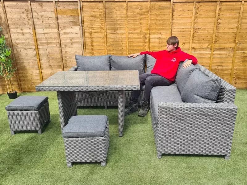 Image of DEVOKO 5 Piece Patio Furniture Set,All Weather Outdoor L Shape Sofa, Rattan Dining Conversation Sectional with Table, Ottomans in Grey Color for Porch, Garden