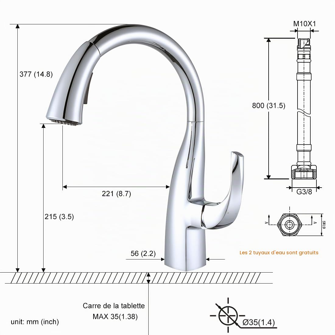 ARCORA Robinet de Cuisine avec Douchette Extractible, Robinet à Col de Cygne Rotatif à 360°, Robinetterie Chaud et Froid Réglable, En Acier Inox, 2 Modes de Jets, pour Évier de Cuisine, Chromé