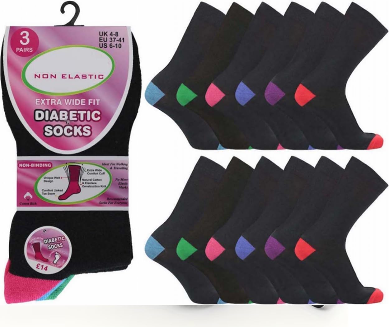 Onlybee Women's Black 6 Pairs Of Wide Non Binding Diabetic Soft Loose Top Coloured Heel Socks