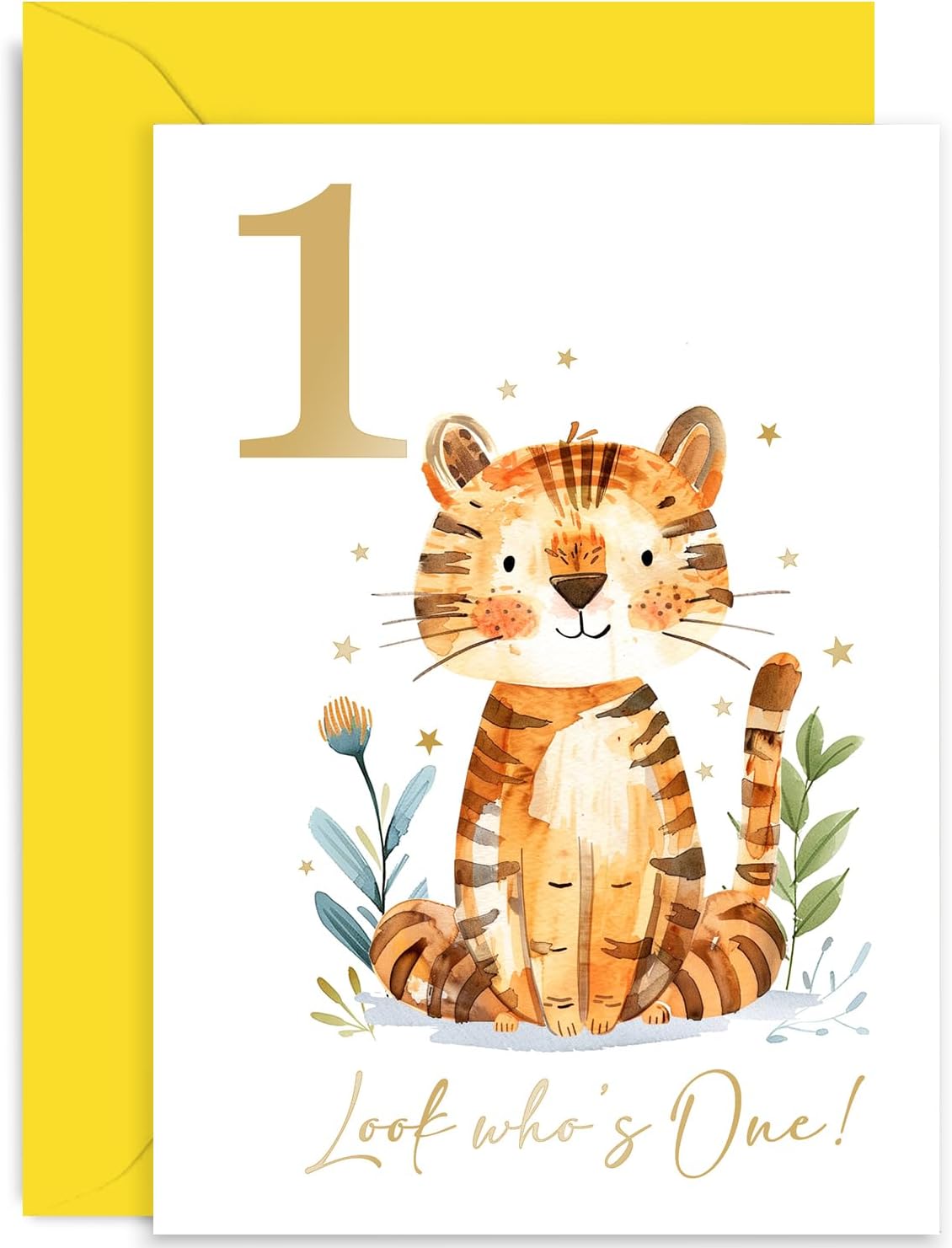 Old English Co. First Birthday Card for Young Boy or Girl - Unisex Age 1 Year Old Birthday Gift for Him Her - 1st Birthday Tiger Gold Foil Design - For Son, Daughter, Grandson, Granddaughter