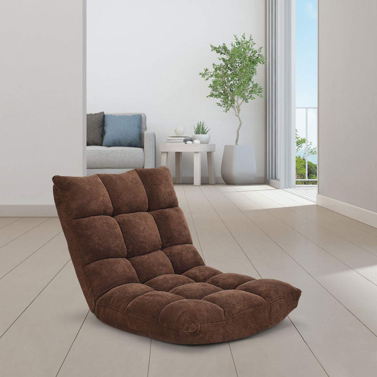 GOPLUS Krzesło podłogowe, sofa podłogowa z oparciem, fotel podłogowy z funkcją spania, krzesło piętro chair, Lazy sofa, krzesło do medytacji do salonu i na balkon (brązowe)
