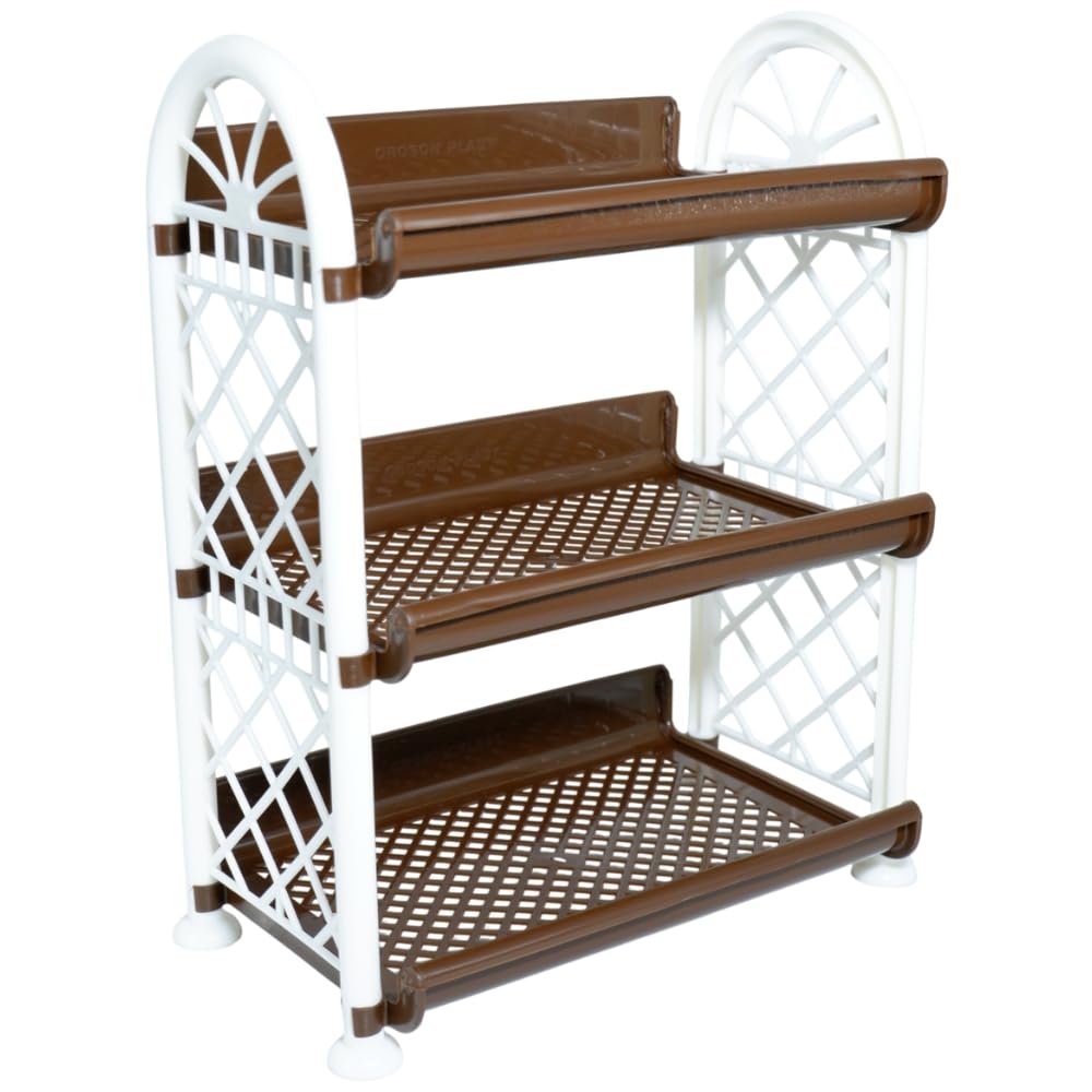 Simply Home Rexo 3 Tier Plastic Multipurpose Storage Organizer-Easy to Fit, Wall Hanging Durable & Lightweight Rack for Kitchen, Bathroom,Kids & Office - Space-Saving Rack| Set of 1 | Brown