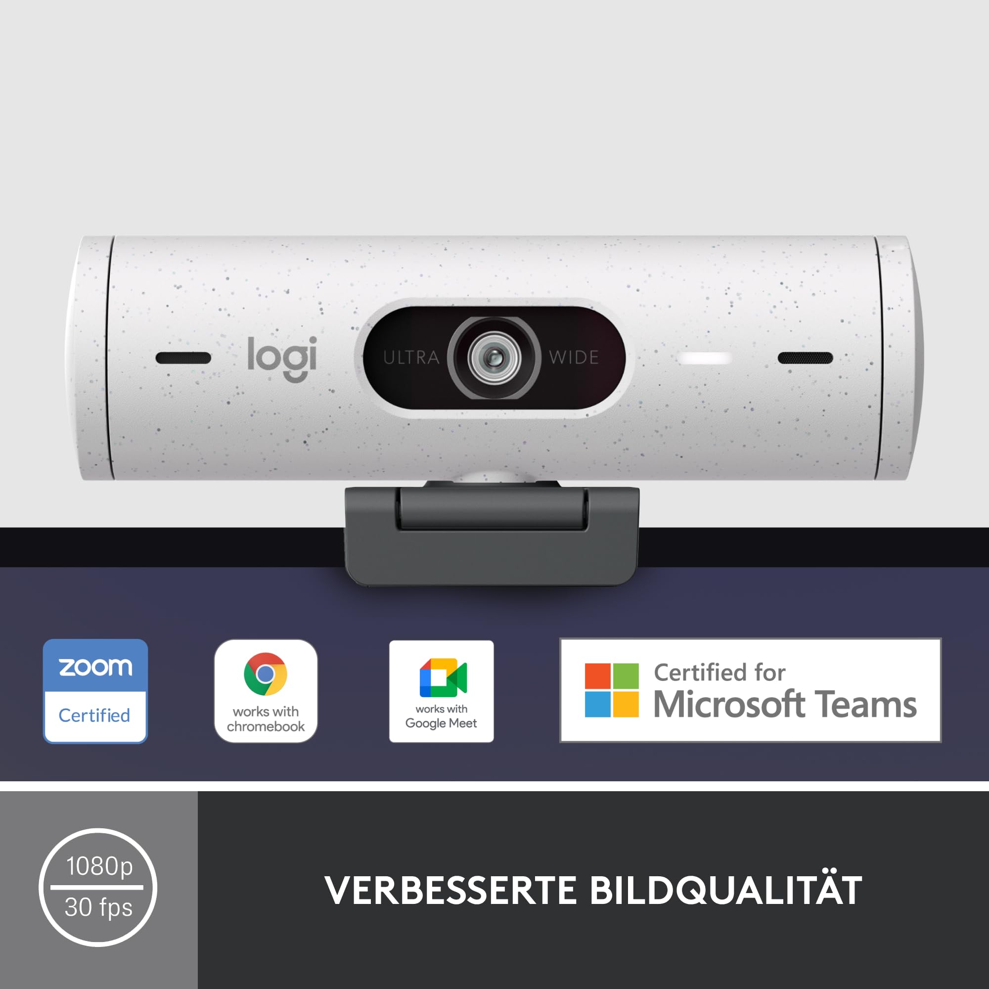 Logitech Brio 500 Full-HD-Webcam mit Auto-Lichtkorrektur, Zeigemodus, Doppelmikrofon + Rauschunterdrückung, Webcam-Abdeckung, für Microsoft Teams, Google Meet, Zoom, USB-C-Kabel - Weiß