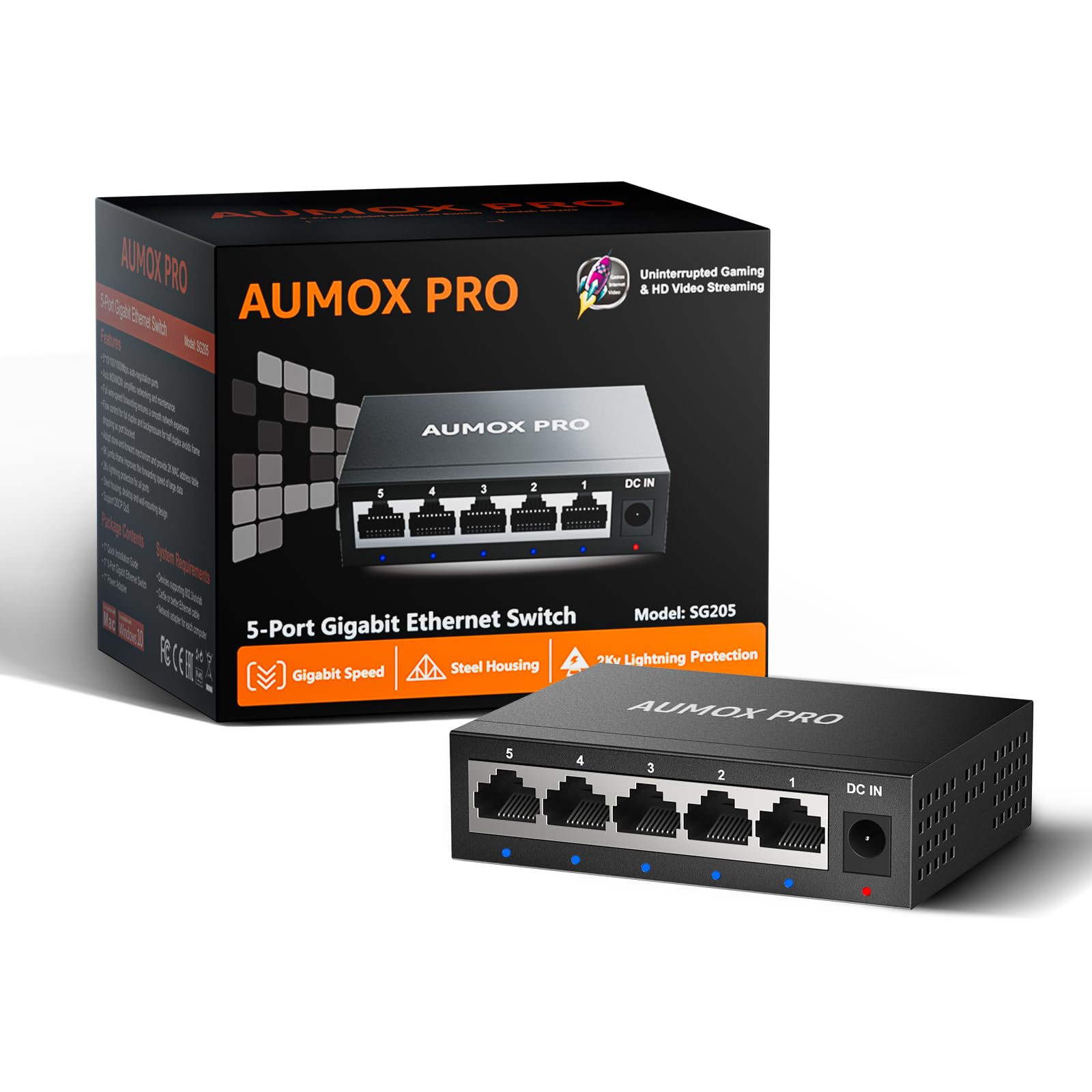 5 Port Gigabit Unmanaged Ethernet Switch, AUMOX PRO Home Network Hub, Office Ethernet Splitter, Plug-and-Play, Silent Operation, Desktop or Wall Mount, Fanless Metal Design
