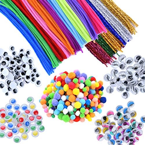 EPIQUEONE 750-Piece Arts and Crafts Set - Pipe Cleaners with Googly Eyes & Pom Poms - Colorful Chenille Stems in Blue, Pink, Red, Orange, Purple, & Green - with Colored Adhesive Wiggly Eyes for Kids