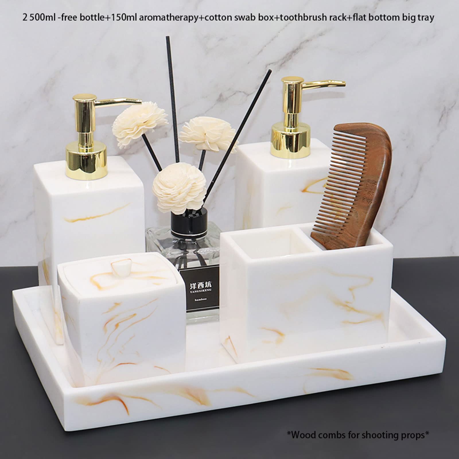 Badezimmer-Zubehör-Sets im Marmor-Design, 6-teiliges Set mit Seifenspender, Zahnbürstenhalter, Badezimmer-Tablett, Becher und Schminktisch-Organizer, Schwarz