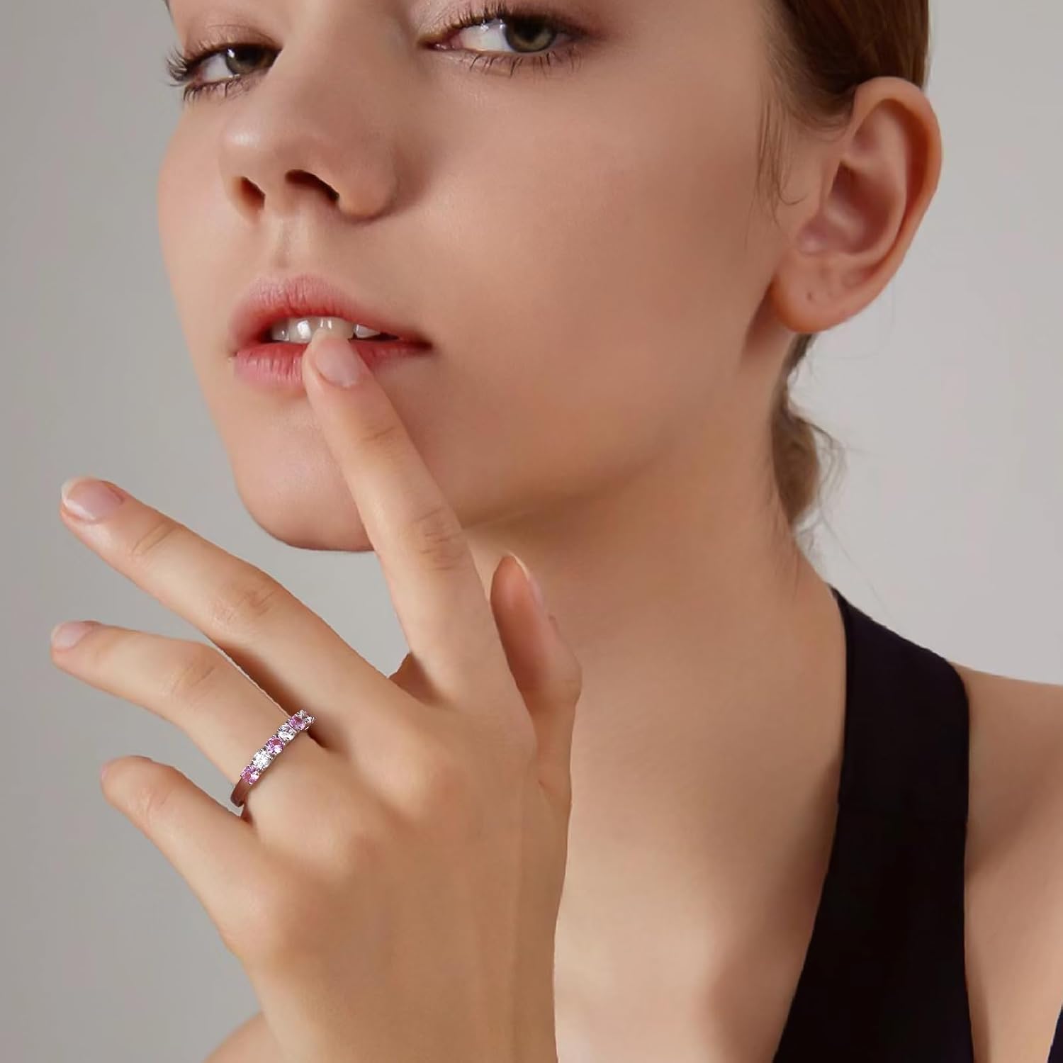 DAYBYDAY 925 Sterling Silver Birthstone Rings for Women White Sapphire Created Gemstone Wedding Band Stackable Half Eternity 7 Stone Anniversary Ring Wife Mom Grandma Birthday Jewelry Size 6-10