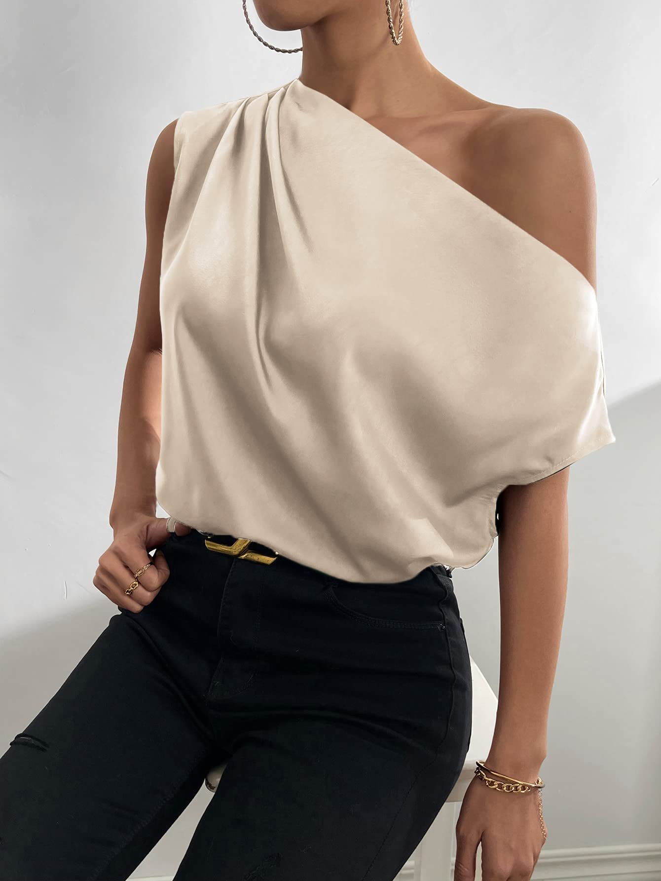 OYOANGLE Women's Satin Off The Shoulder Short Sleeve Asymmetrical Neck Ruched Work Office Blouse Top