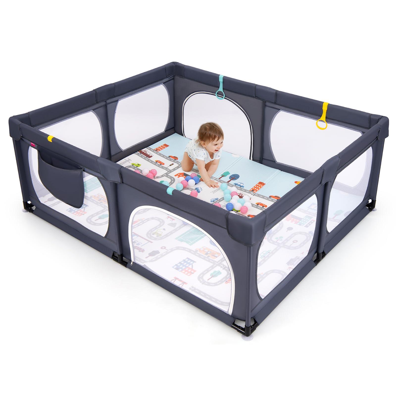 RELAX4LIFE Recinto Bambini 189 x 158 cm con Base a Ventosa, Materassino Pieghevole, Box Giochi, 4 Anelli e 50 Palline, 2 Entrate Laterali, Tasca Portaoggetti e Borsa Trasporto, Rete Traspirante