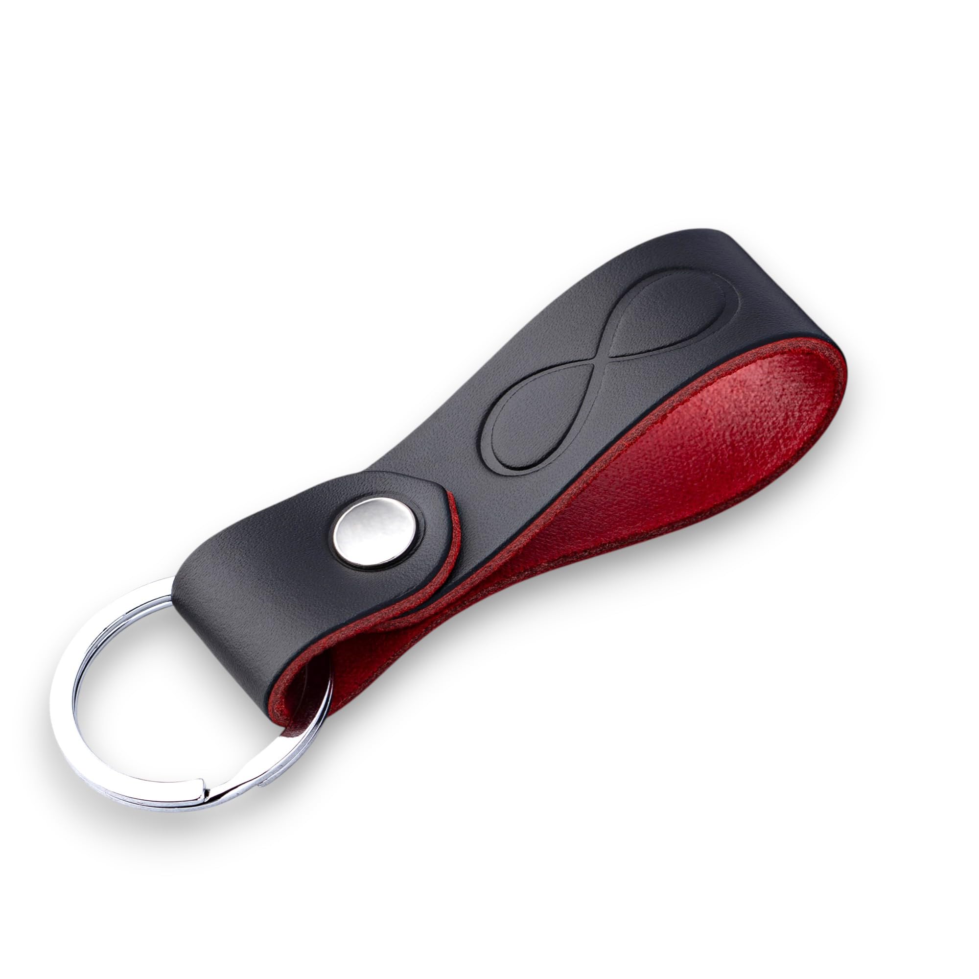 MAGOR Full Grain Leather Keyring, Elegant Black Key Ring with Red Interior, Car and Home Keychain, Hot Embossed Design, Personalised Premium Gift for Him or Her (Infinity)