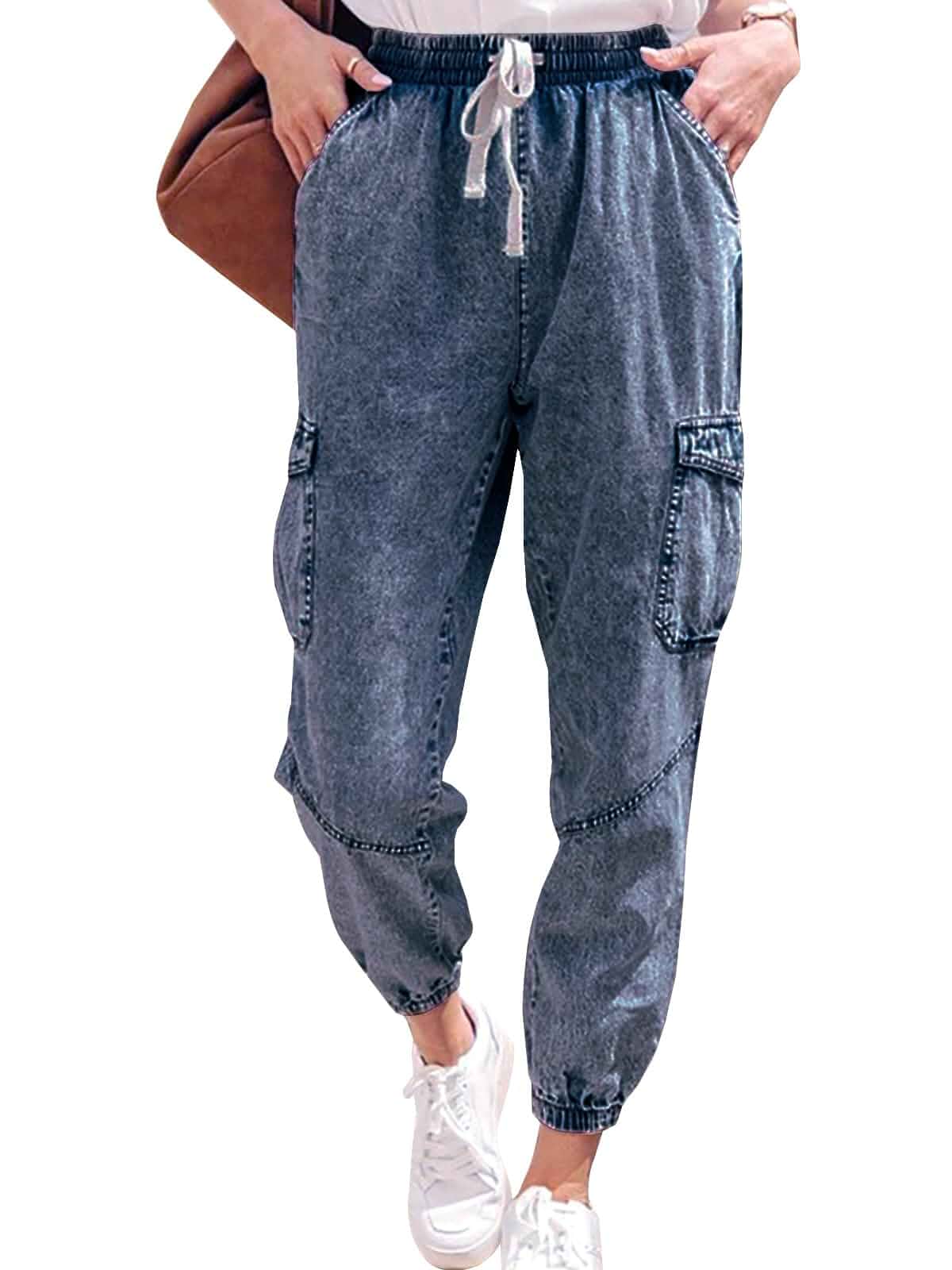 LONGYIDA Denim Joggers for Women Drawstring Stretch Cargo Jeans High Waist Wide Leg Baggy Jeans,Elastic Waist,Flap Pockets,Loose Fit, Scrunch Up Stretchy Ankle,Vintange,Dressy Casual Wear
