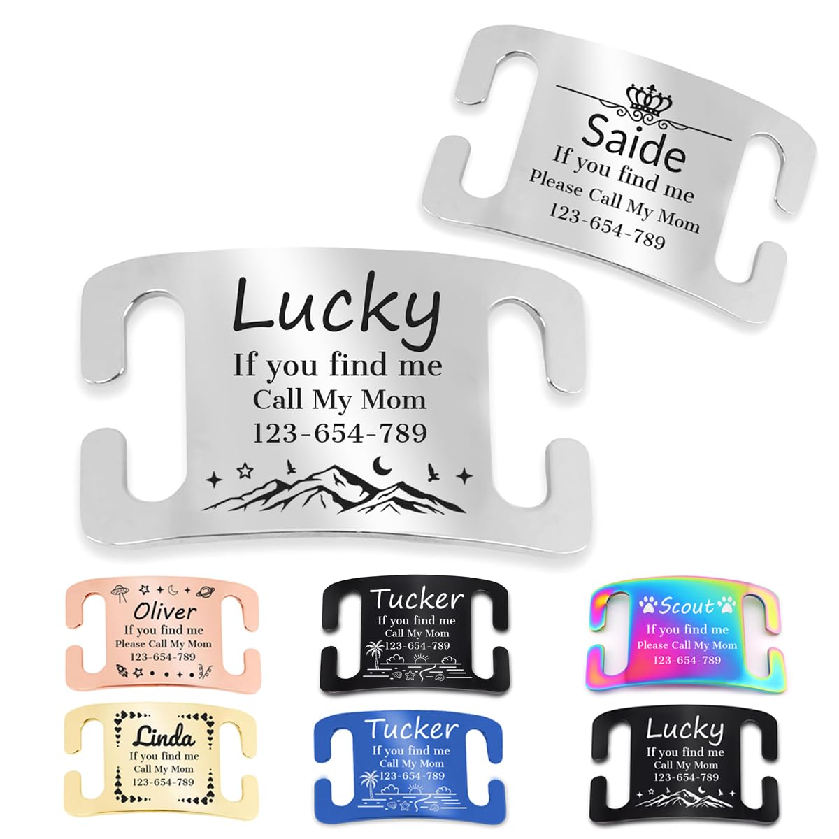 Diaoketags Dog tags Slide-On Pet ID Tags, Curved Personalized Dog and Cat, Silent, No Noise Stainless Steel, Custom Engraved in 3 Sizes 6 patterns for