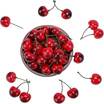 60pcs Artificial Fruit Cherries 30mm/1.18inch Lifelike Fake Cherry Simulation Decor for Home Kitchen Dining Decoration Photo Prop Craft Supply