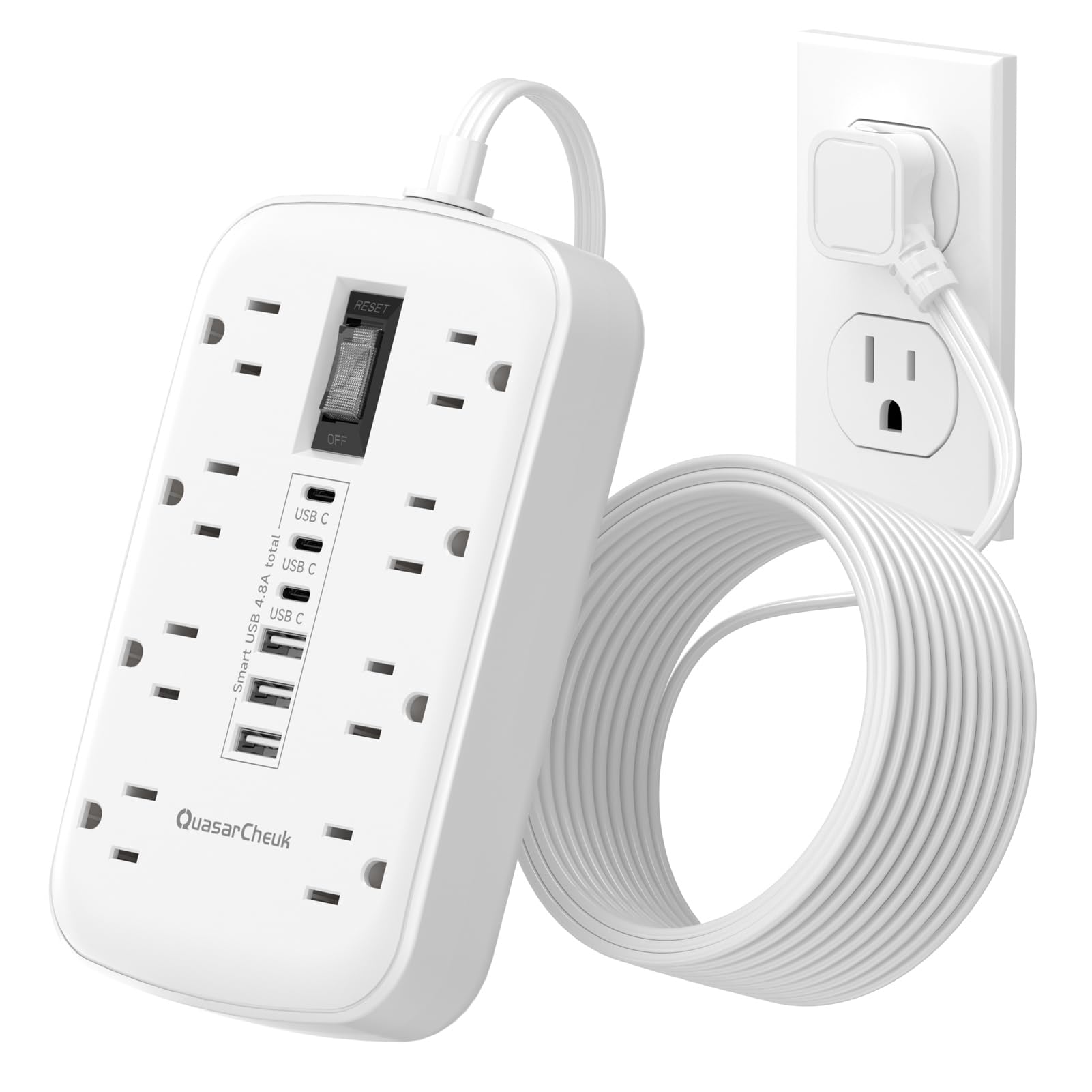 Flat Plug Power Strip with USB Ports - Flat Extension Cord 3FT with 8 AC Outlets 6 USB(3 USB C), Short Extension Cord Surge Protector Multi Plug Wall
