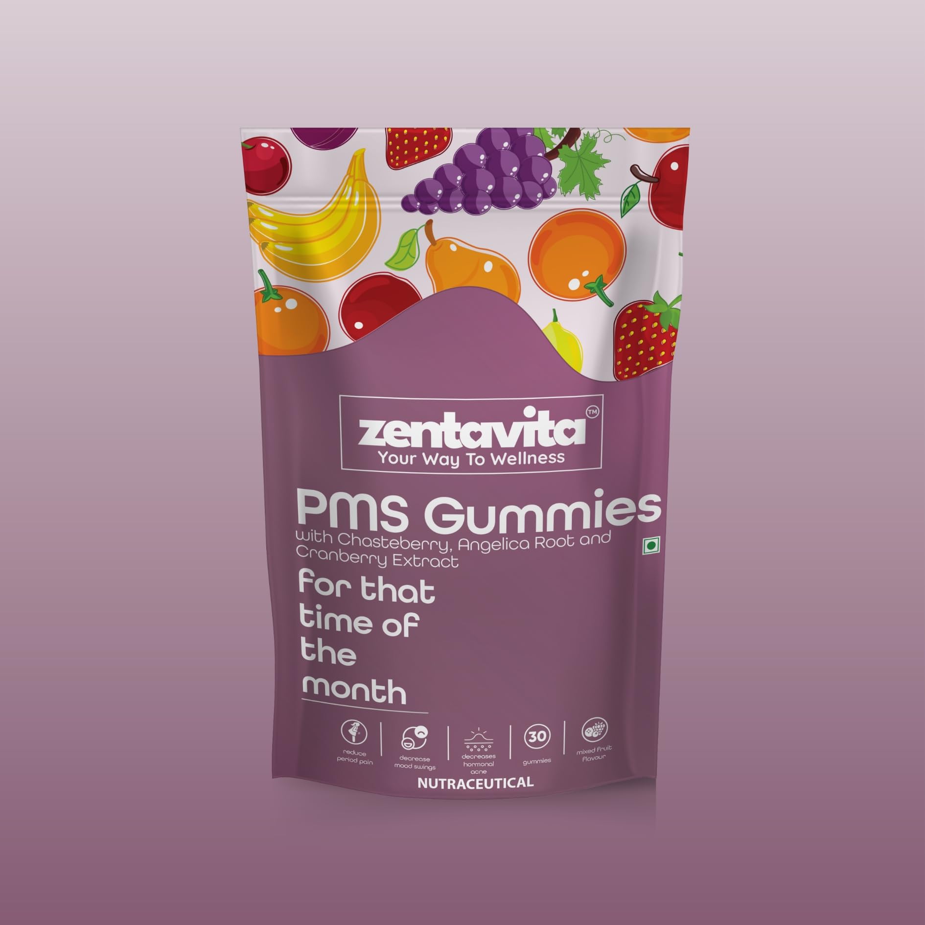 Zentavita PMS Gummies - For That Time Of The Month With Chaste-berry, Angelica Root and Cranberry extract - Helps Reducing Period pain, Decreasing Mood Swings and Hormonal Acne (30 Gummies)