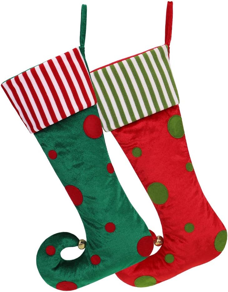Christmas 1 Pair Personalized Elf Stocking Home Decorations Gifts, Funny Elf Pattern Xmas Present Socks Dot Faux Fur Cuff Red and Green 21in