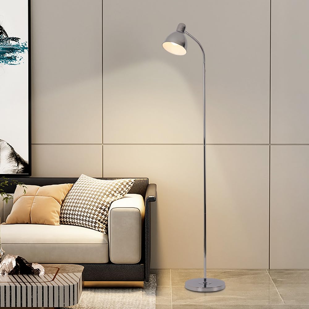 Modern Floor Lamp, Living Bedroom Floor Lighting, Industrial Task Light, Rustic Farmhouse Reading Light, Sturdier Body,Chrome Plated,Adjustable Gooseneck Metal Head - Free 1 LED Bulb.(Bright Silver)