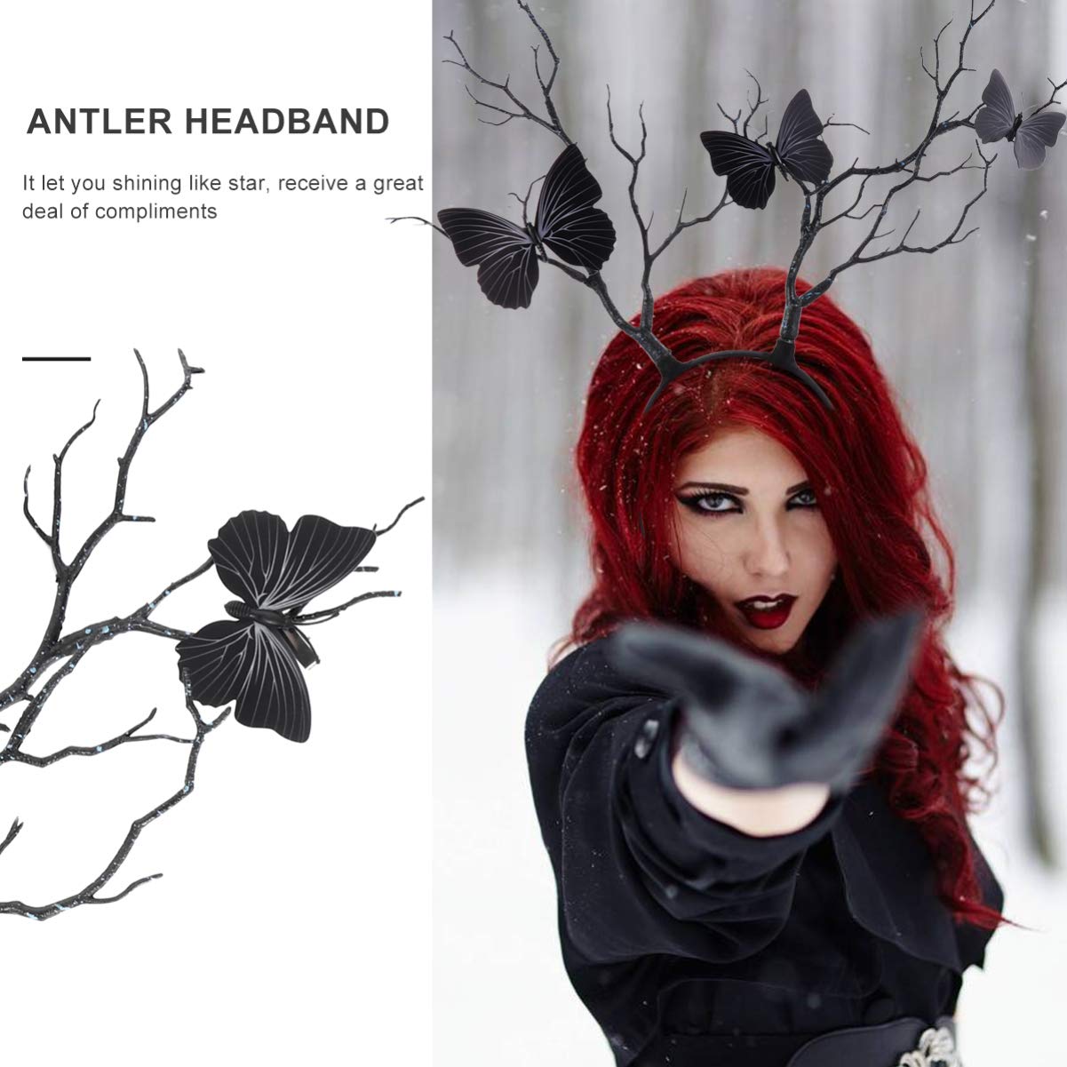 minkissy Branches Antlers Headband Halloween Horns Hairbands Animal Headband Antler Butterfly Hair Hoop Goddess Headdress Photo Prop for Halloween Cosplay Party Random Color - Image 4