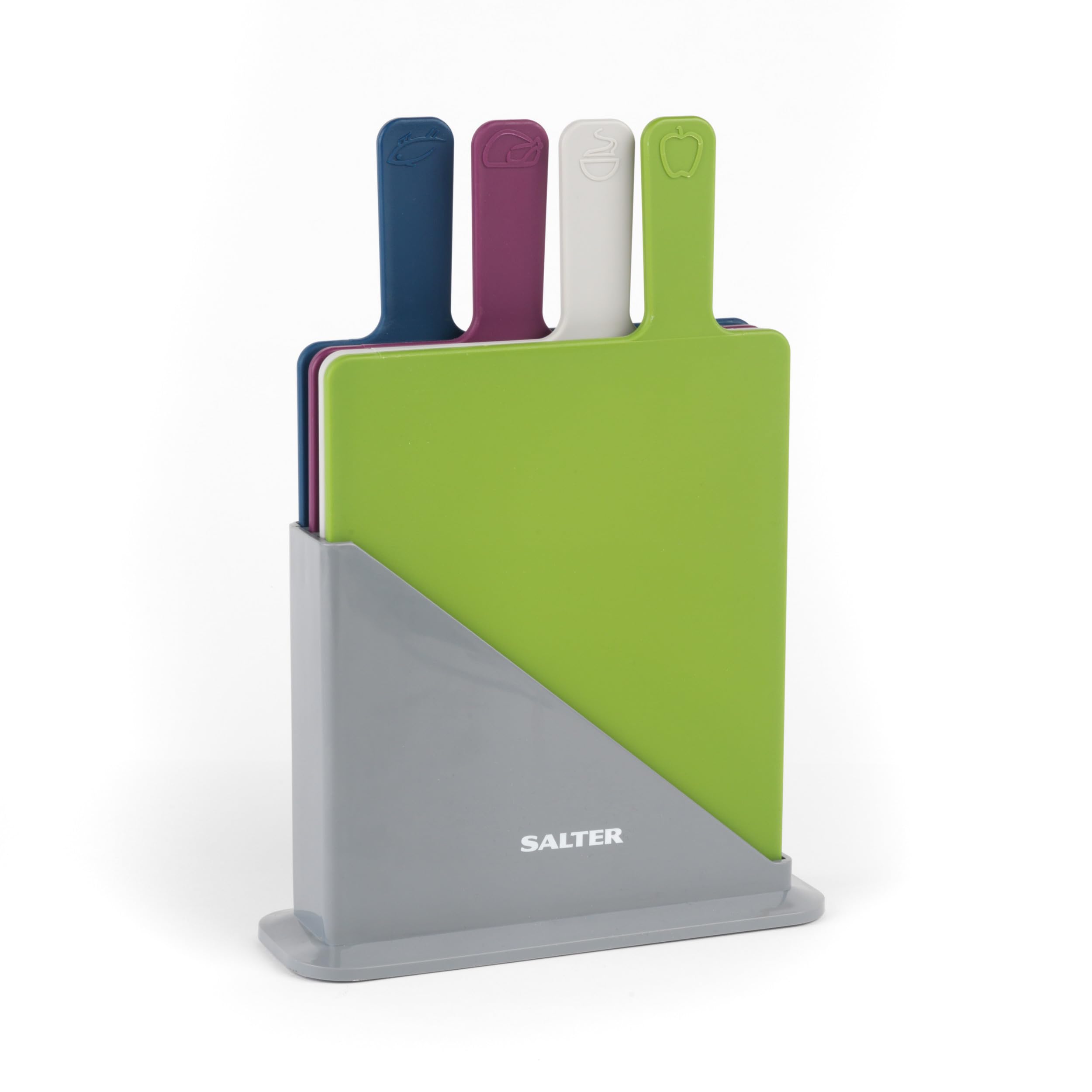 Salter Colour Coded Plastic Chopping Board Set, 4 Pack with Stand