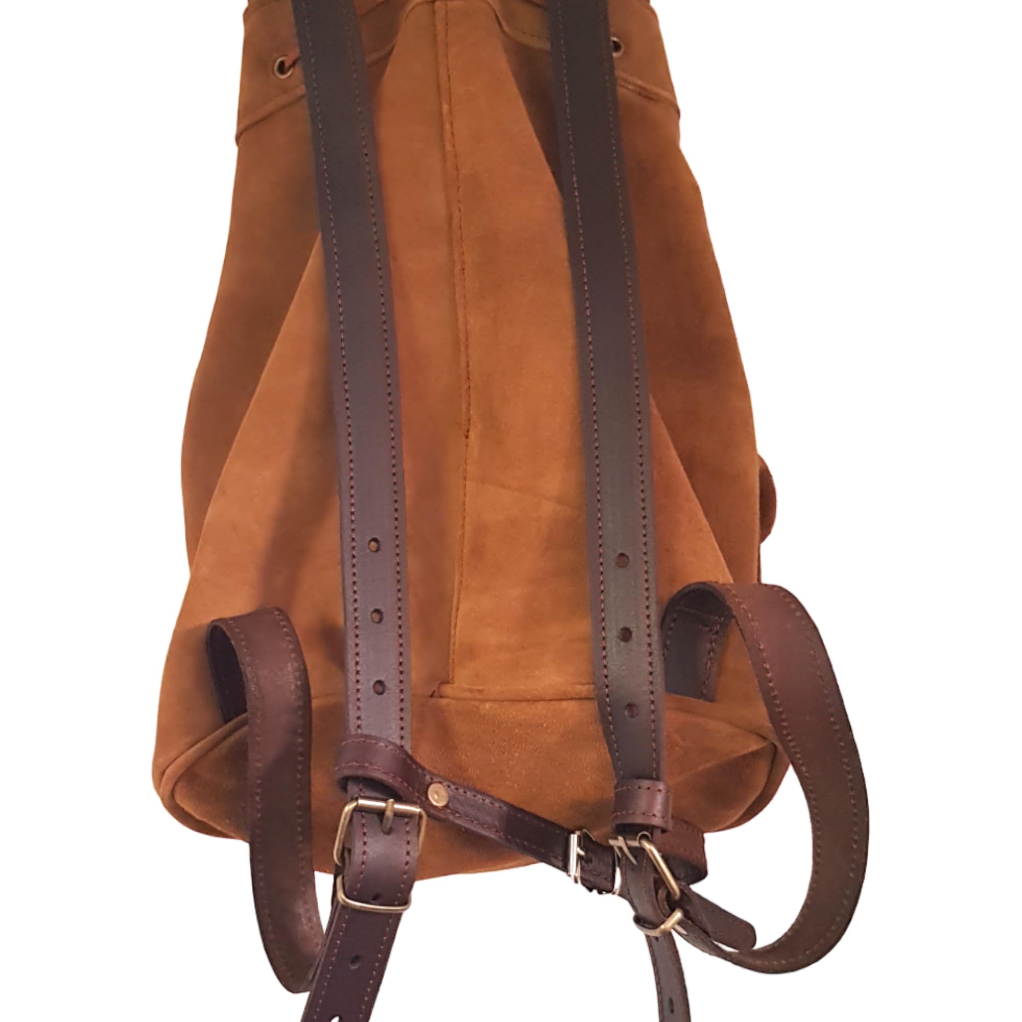 Mochila de caza en serraje y piel, con dos bolsillos frontales