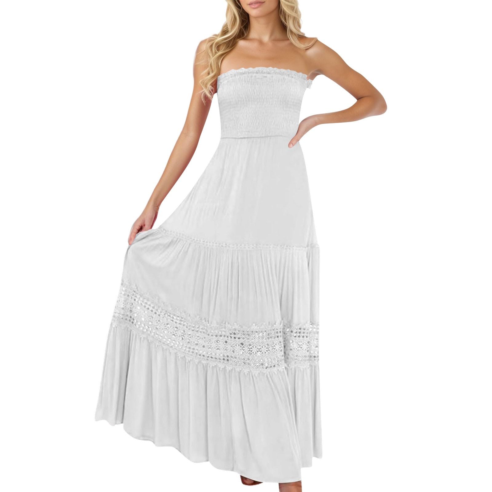 Smocked Maxi Dress Women a Line Strapless Tube Top Dress 2025 Casual Summer Lace Empire Waist Long Tiered Dresses Loose Swing Beach Flowy Sundresses for Beach Vacation Hollow Bohemian Dresses