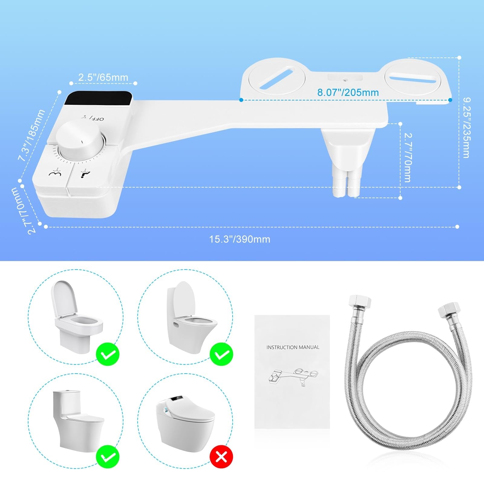 Bidet para WC con Doble Boquilla Retráctiles, No Eléctrico, Presión Ajustable Agua Fría